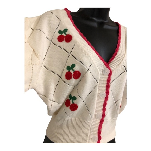 Jessica Simpson cream pink scalloped trim cherry embroidered cardigan size M new - Picture 12 of 17